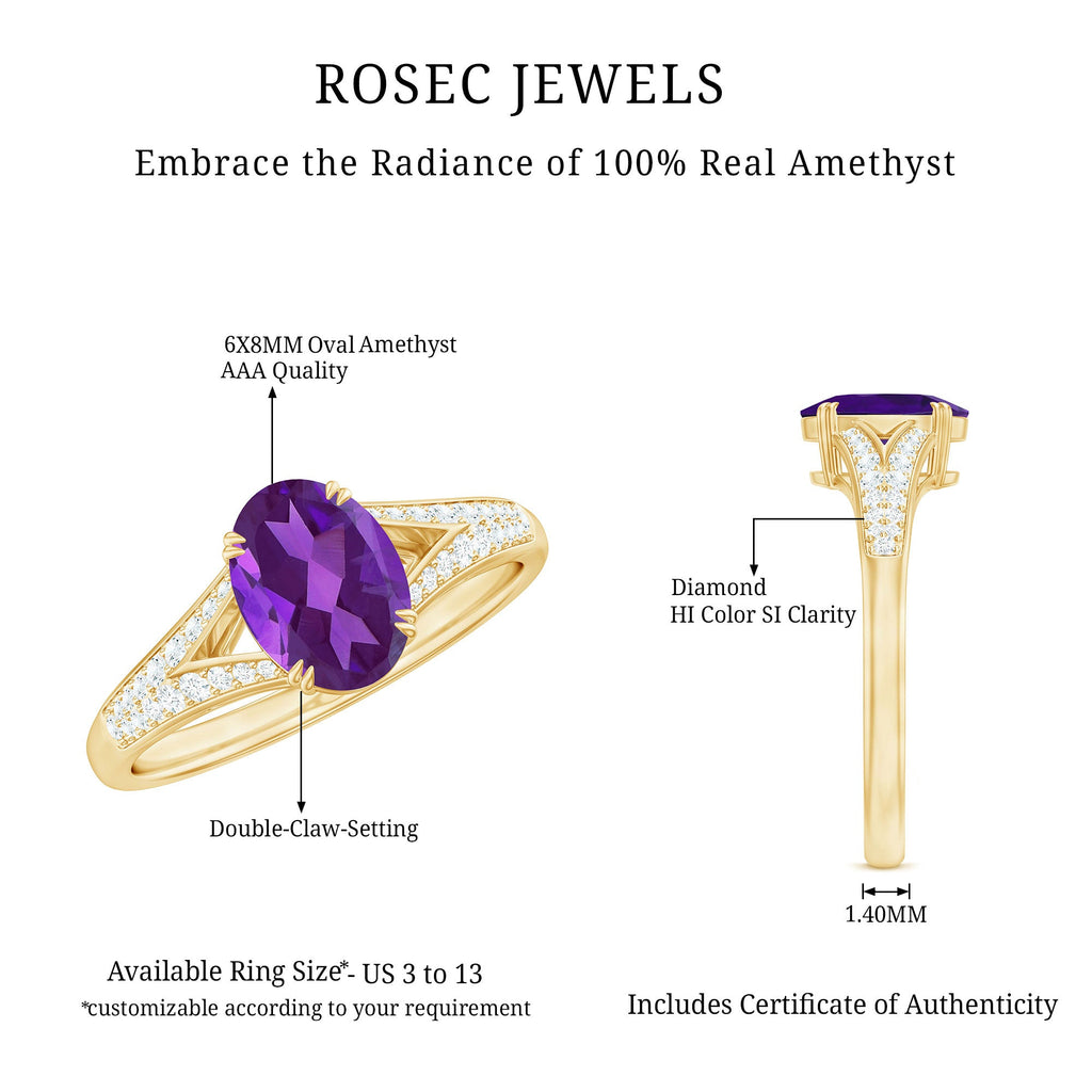 1 Carat Oval Amethyst Solitaire Engagement Ring with Diamond Split Shank
