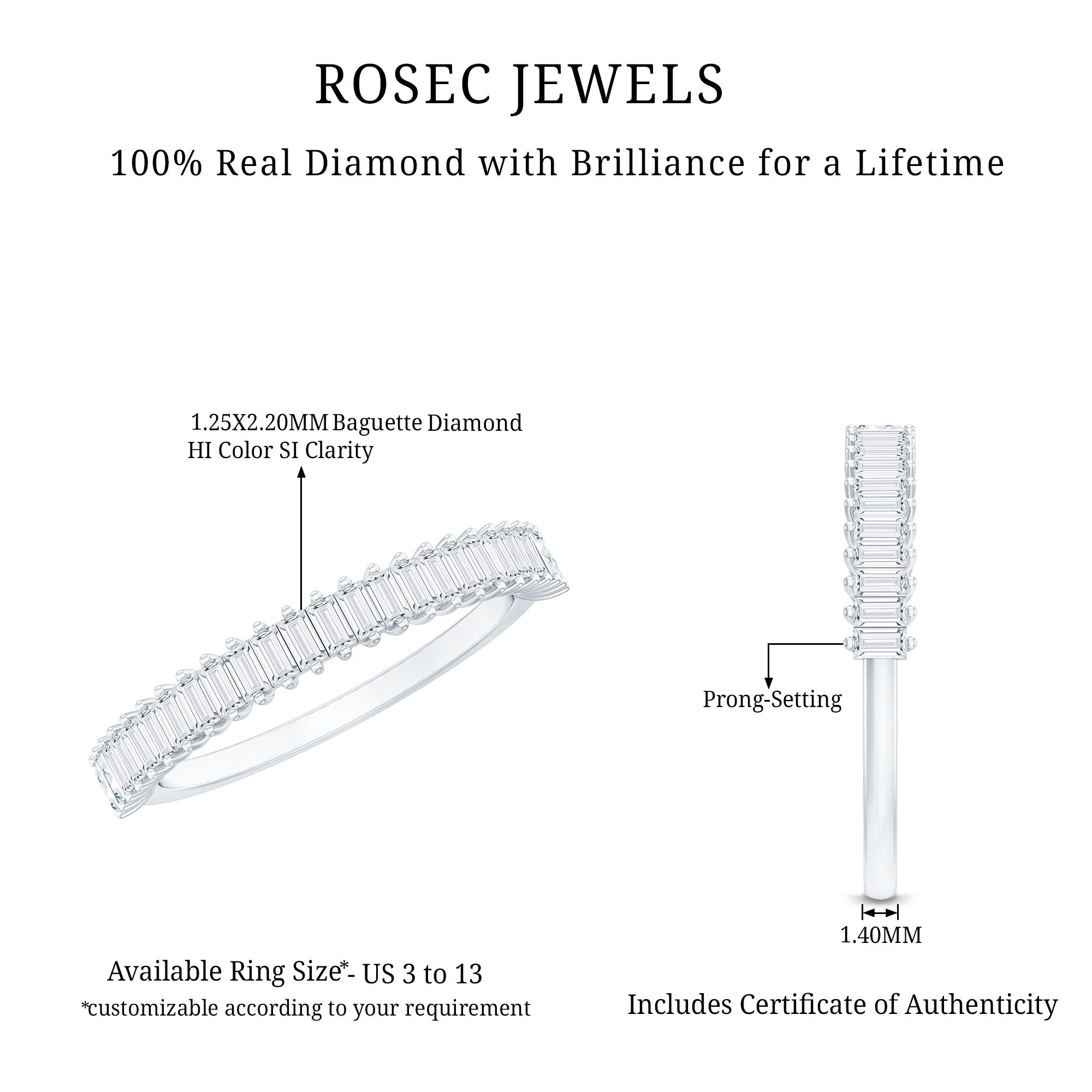 Natural Baguette Diamond Half Eternity Ring for Anniversary