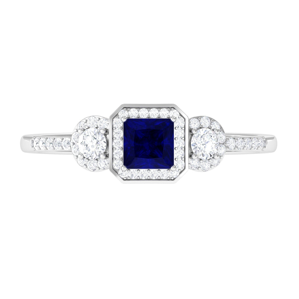 Real Blue Sapphire Princess Cut Blue Sapphire Engagement Ring with Diamond