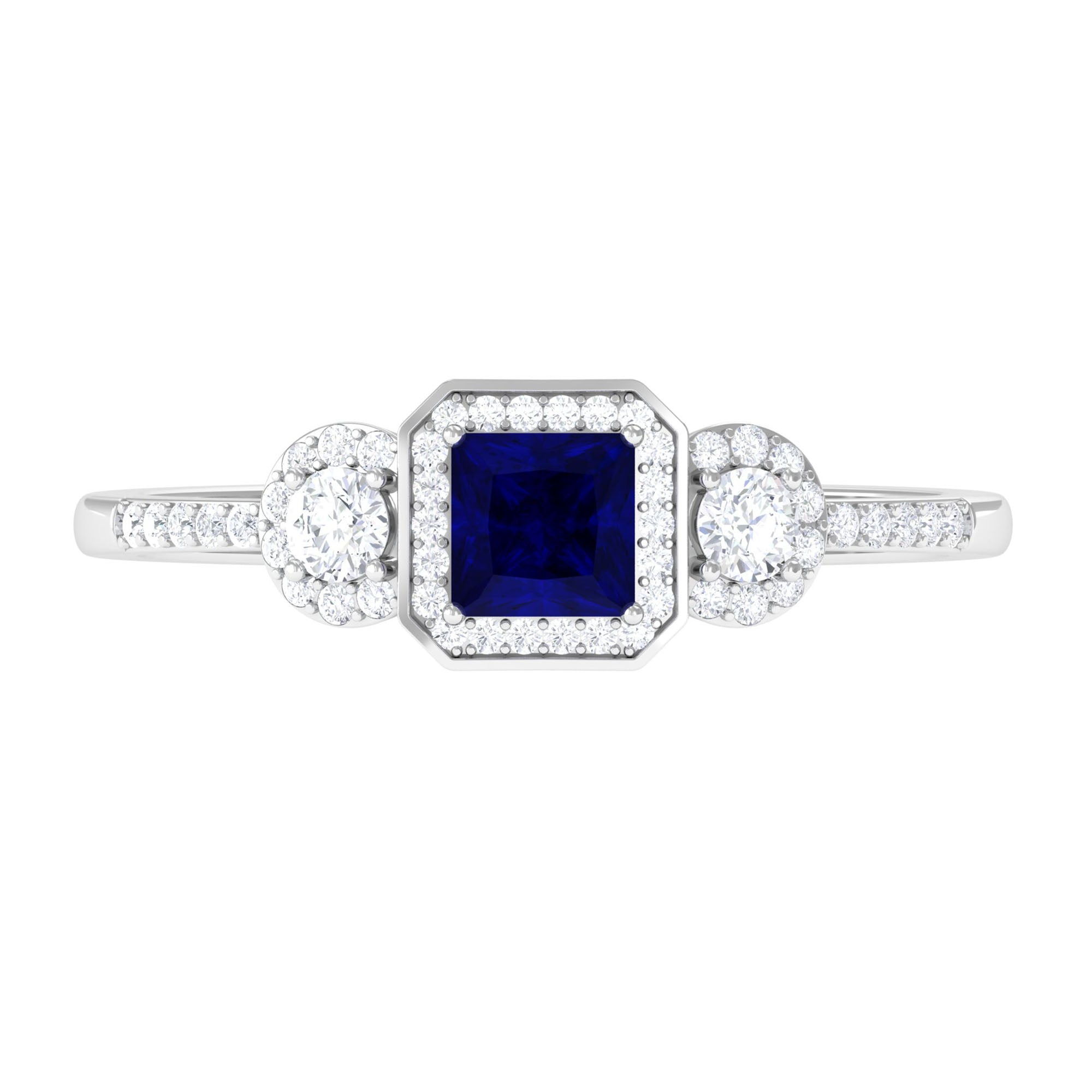 Real Blue Sapphire Princess Cut Blue Sapphire Engagement Ring with Diamond