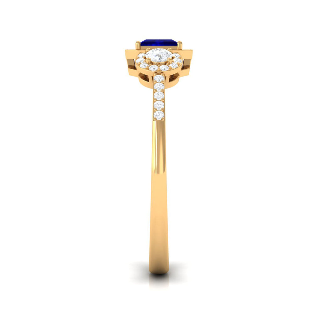 Real Blue Sapphire Princess Cut Blue Sapphire Engagement Ring with Diamond