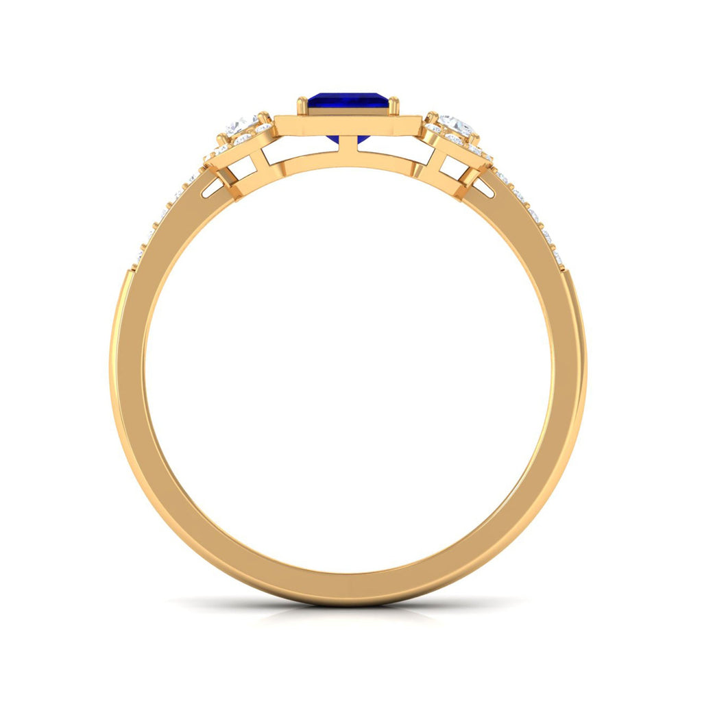 Real Blue Sapphire Princess Cut Blue Sapphire Engagement Ring with Diamond