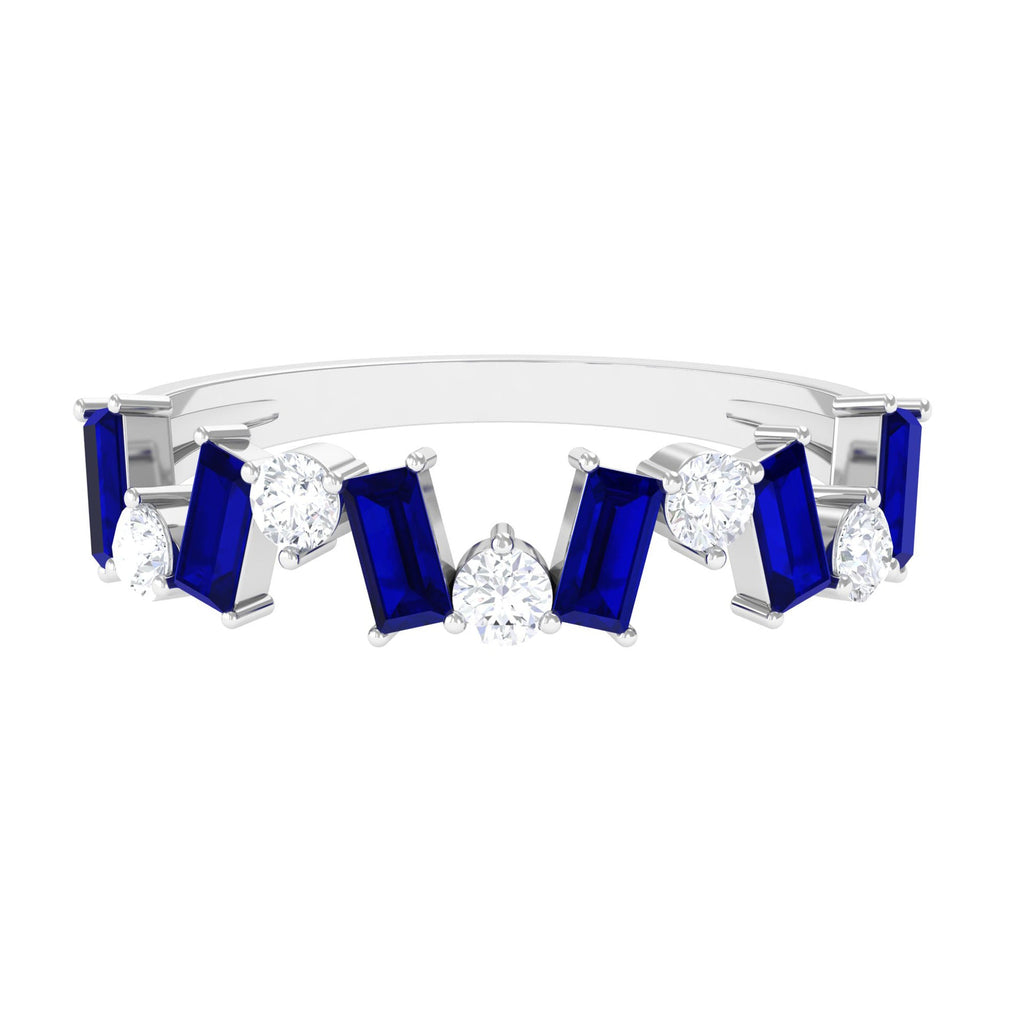Genuine Baguette Blue Sapphire Half Eternity Ring with Diamond
