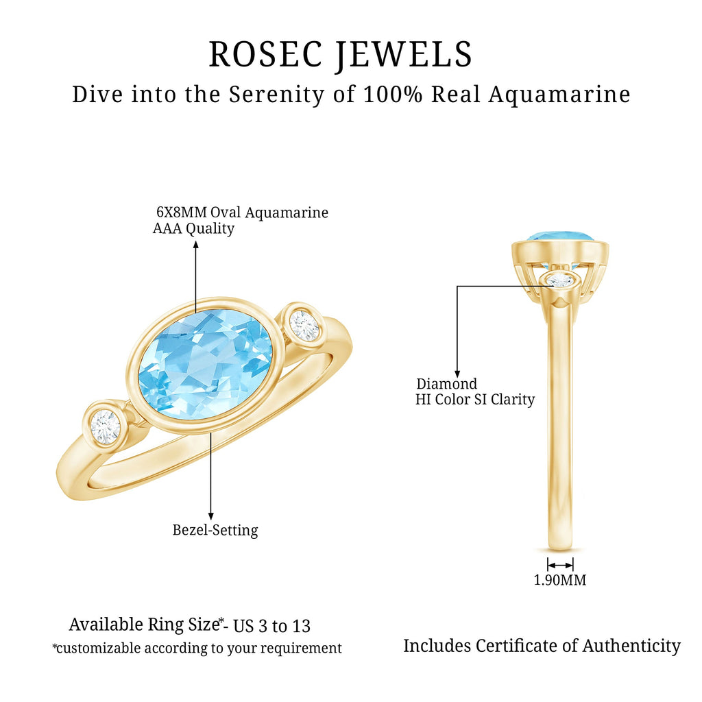 Bezel Set Aquamarine and Diamond East West Engagement Ring
