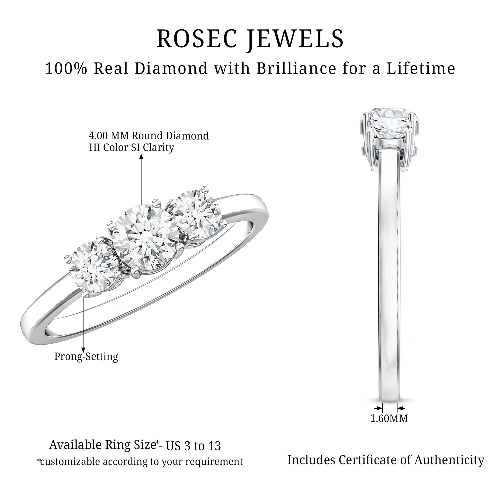 Natural Diamond 3 Stone Engagement Ring with Certificate