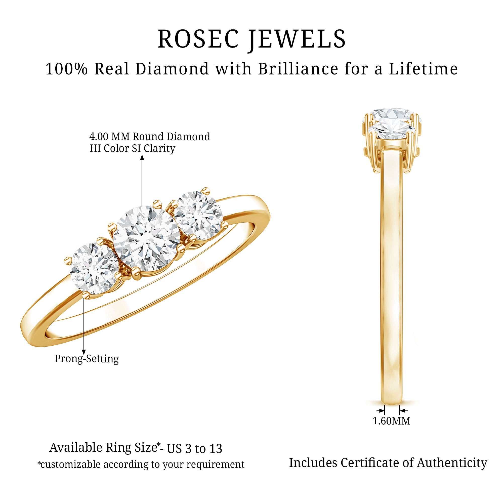 Natural Diamond 3 Stone Engagement Ring with Certificate