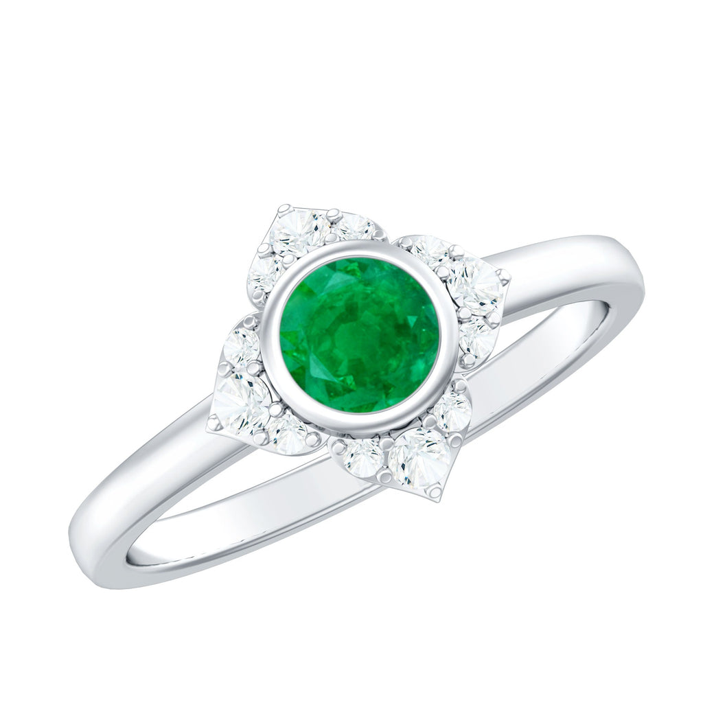 Natural Bezel Set 0.4 Carat Emerald Flower Engagement Ring with Diamond