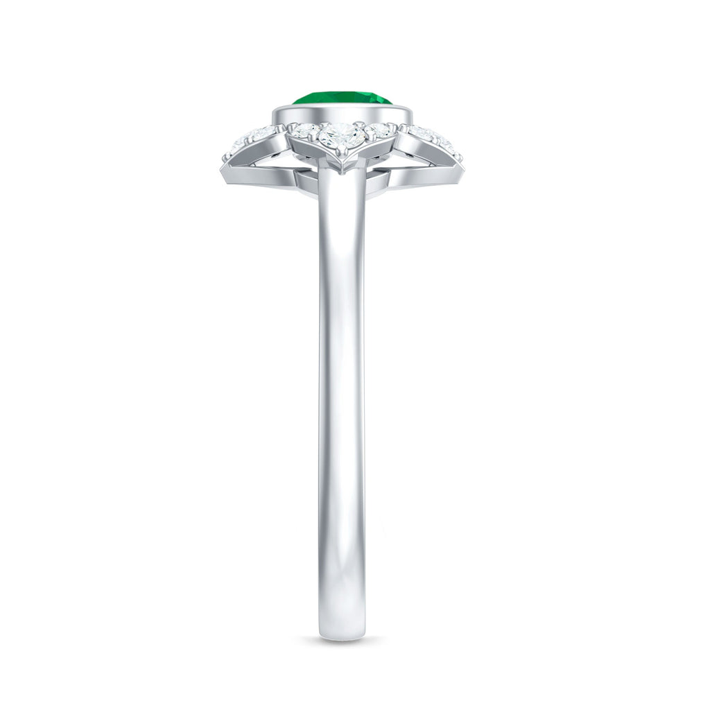 Natural Bezel Set 0.4 Carat Emerald Flower Engagement Ring with Diamond