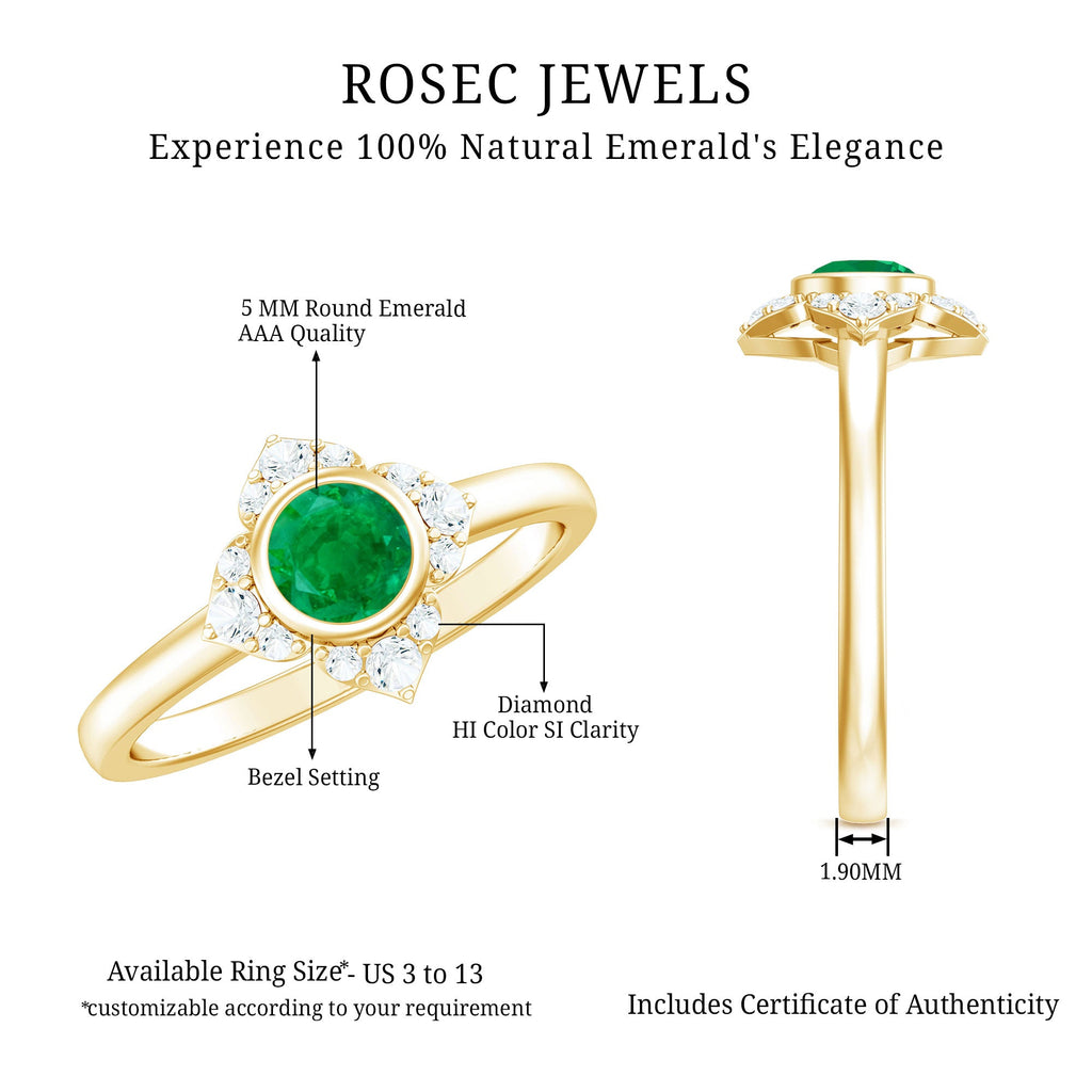 Natural Bezel Set 0.4 Carat Emerald Flower Engagement Ring with Diamond