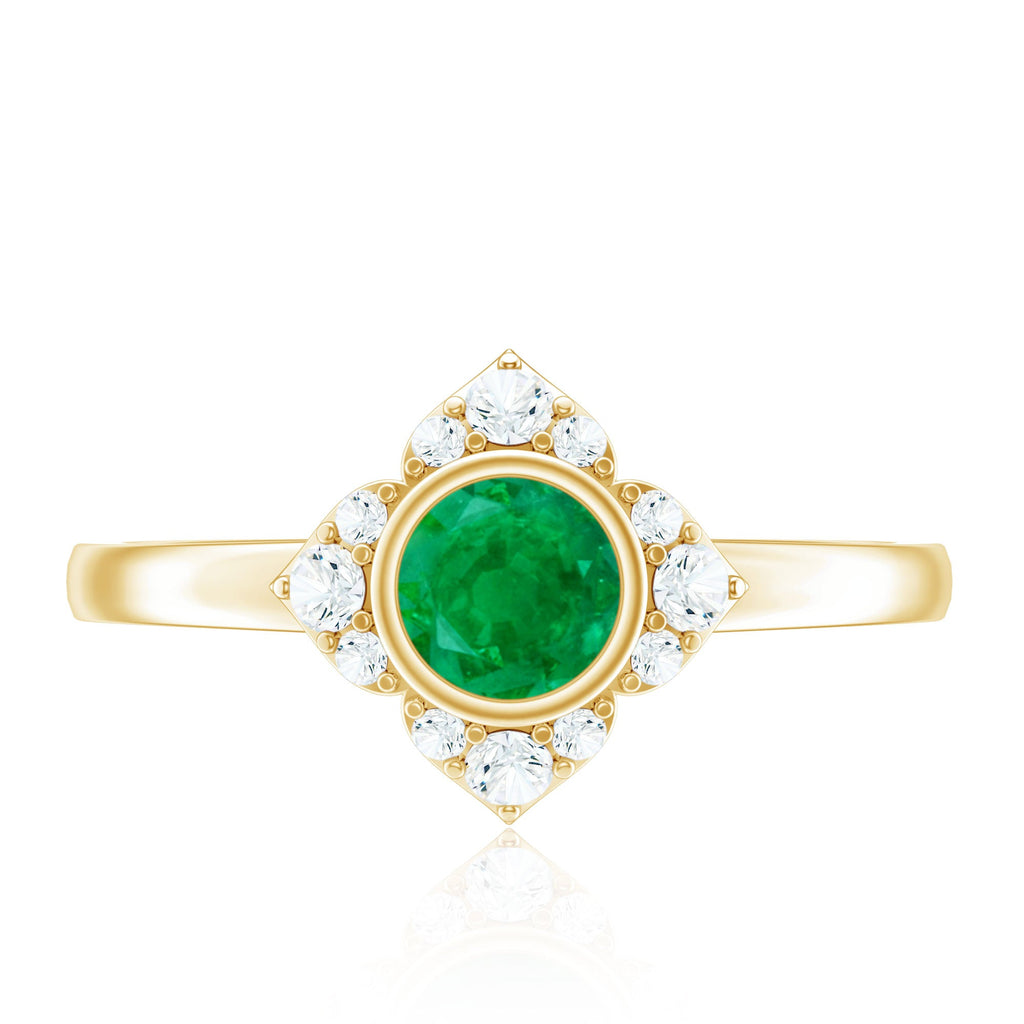 Natural Bezel Set 0.4 Carat Emerald Flower Engagement Ring with Diamond