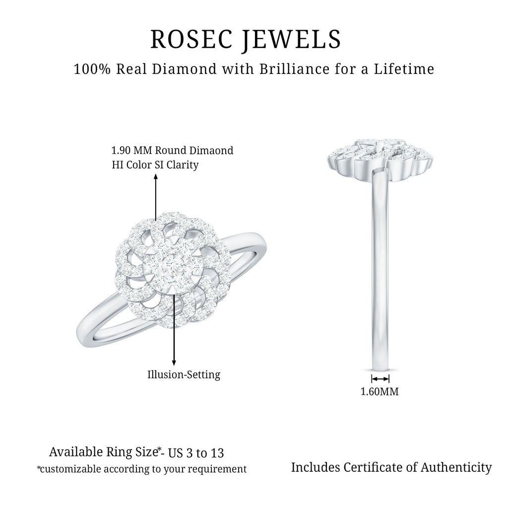 Certified Natural Diamond Flower Engagement Ring in Illusion Set