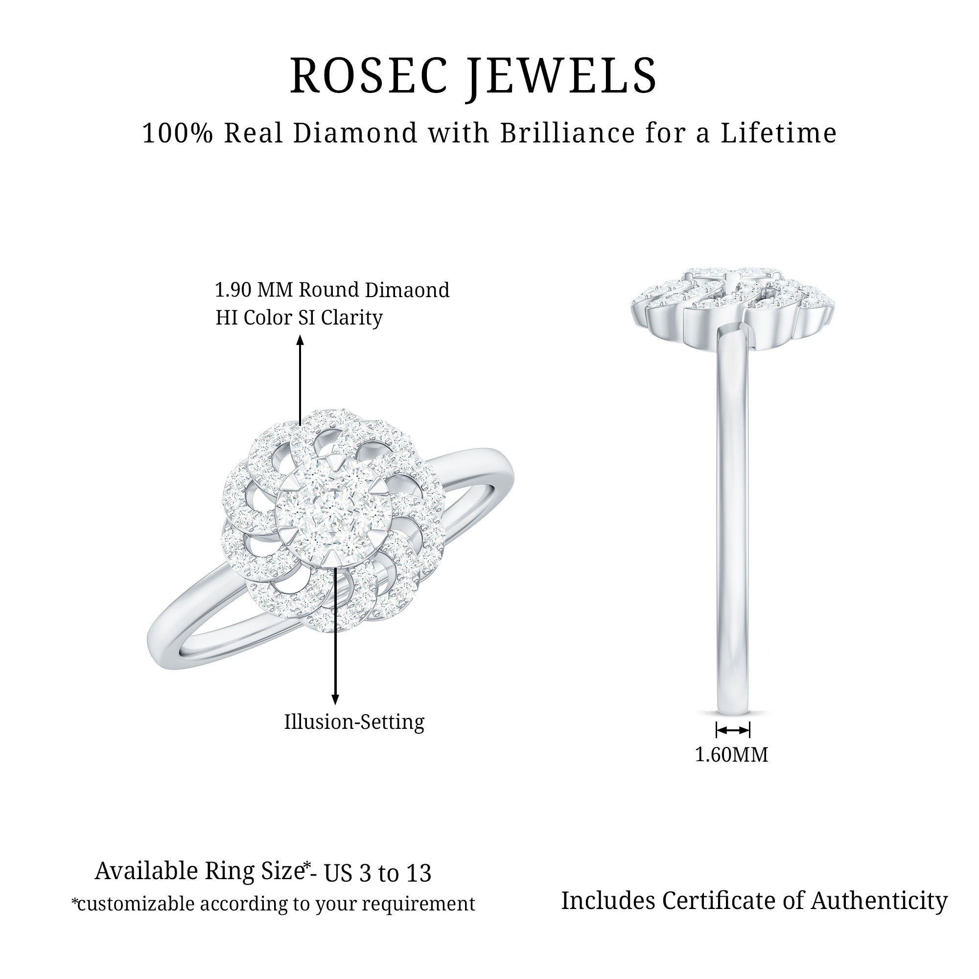 Certified Natural Diamond Flower Engagement Ring in Illusion Set
