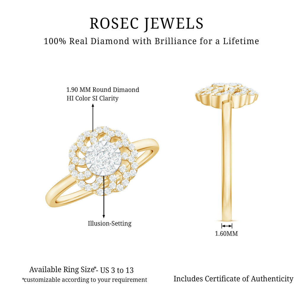 Certified Natural Diamond Flower Engagement Ring in Illusion Set