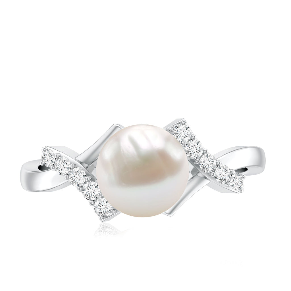 Freshwater Pearl Solitaire Crossover Engagement Ring with Diamond
