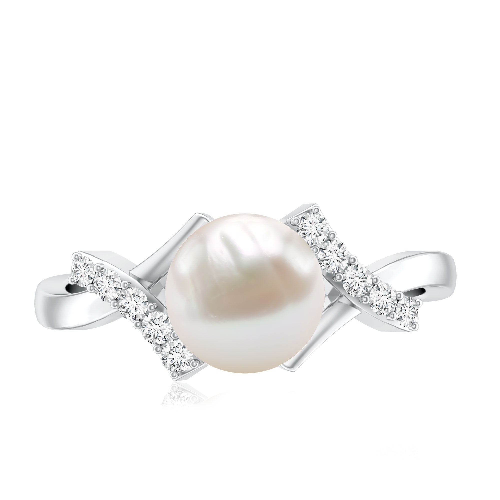 Freshwater Pearl Solitaire Crossover Engagement Ring with Diamond