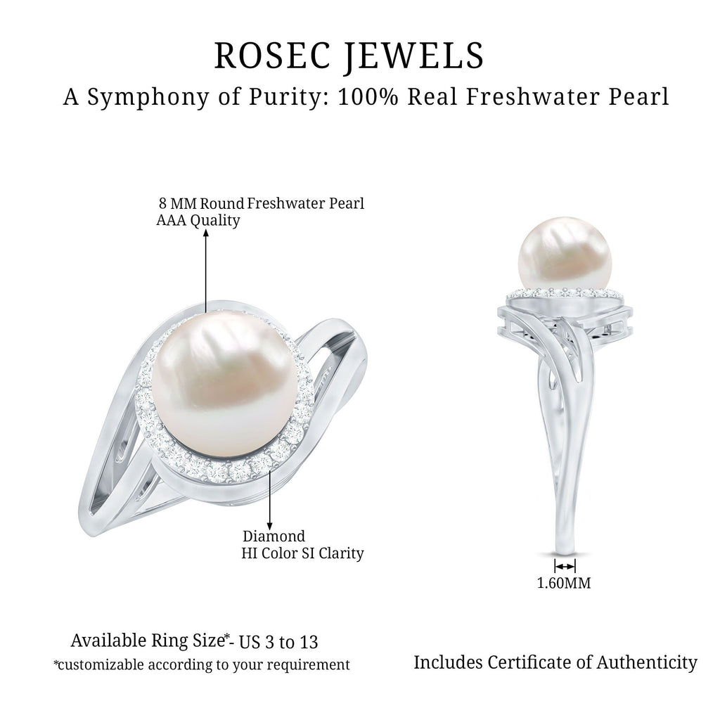 Cultured White 7.4 Carat Freshwater Pearl Diamond Engagement Ring with Bypass Shank