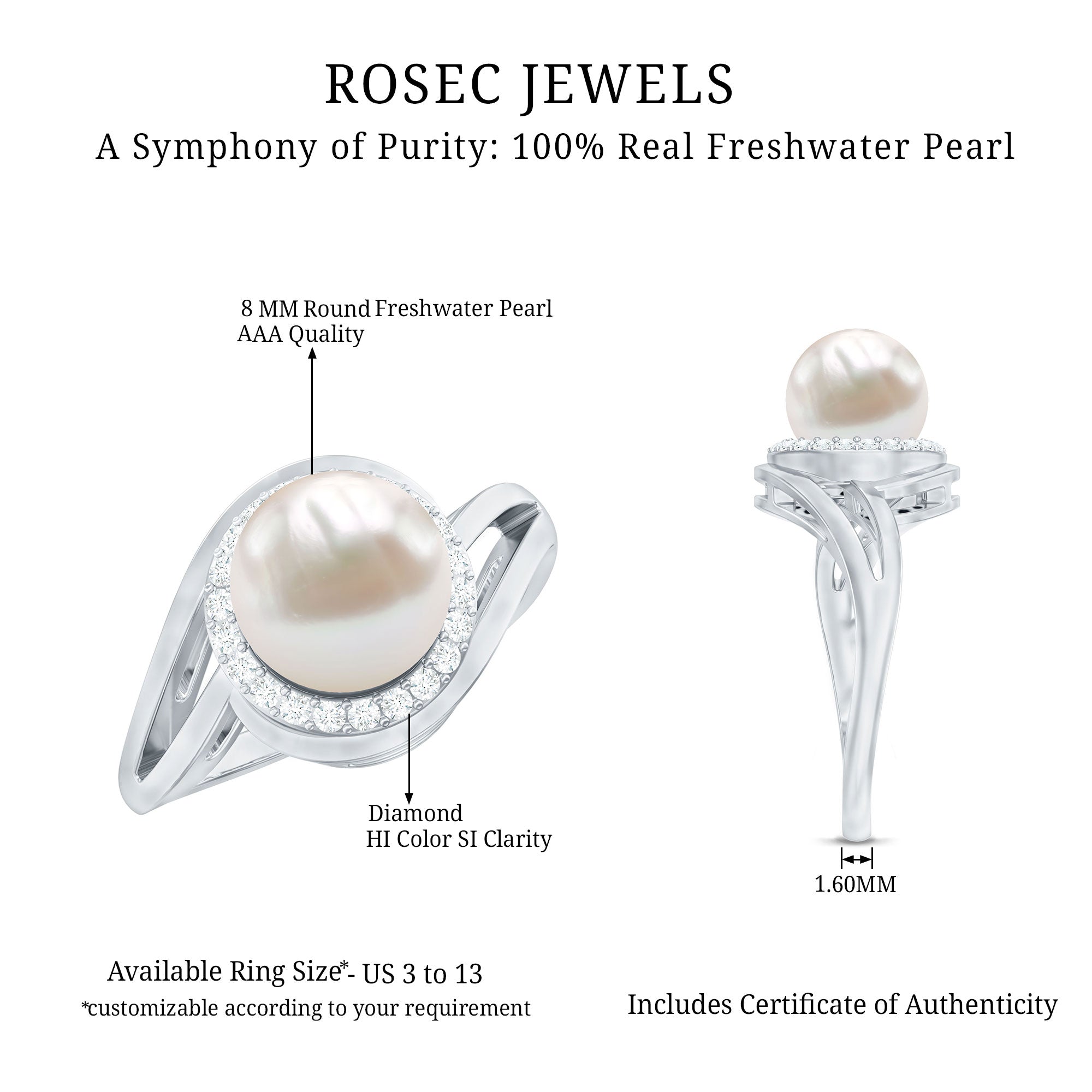 Cultured White 7.4 Carat Freshwater Pearl Diamond Engagement Ring with Bypass Shank