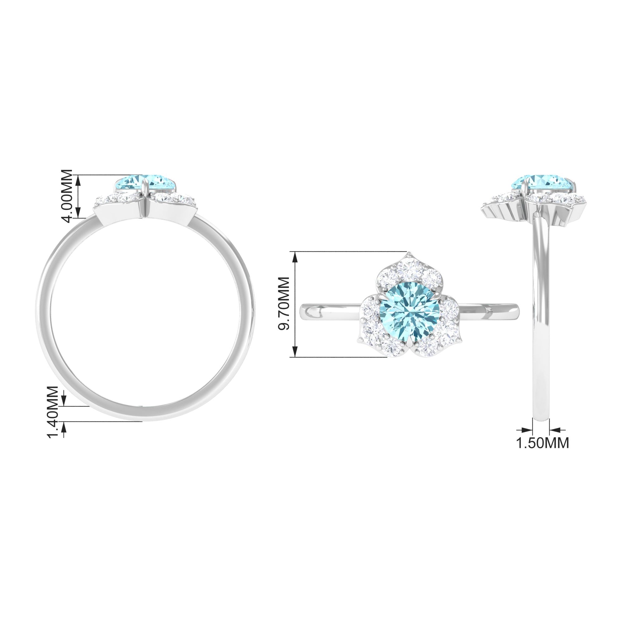 Real Round Aquamarine and Diamond Flower Engagement Ring with Certificate