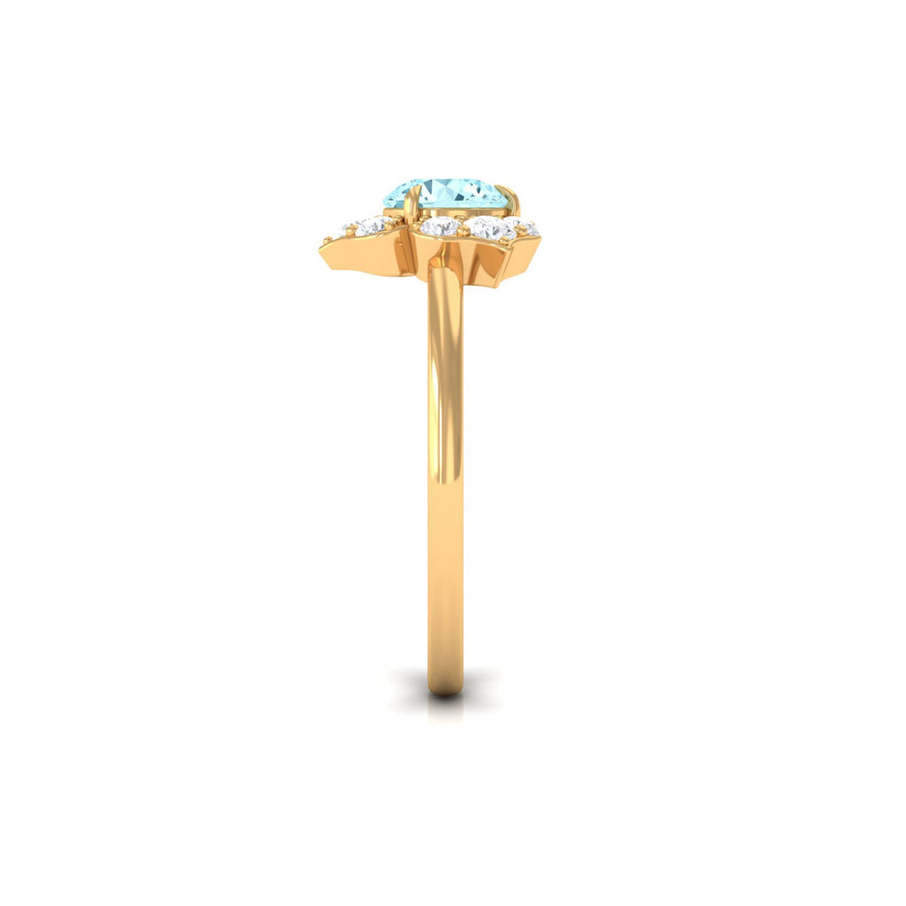 Real Round Aquamarine and Diamond Flower Engagement Ring with Certificate