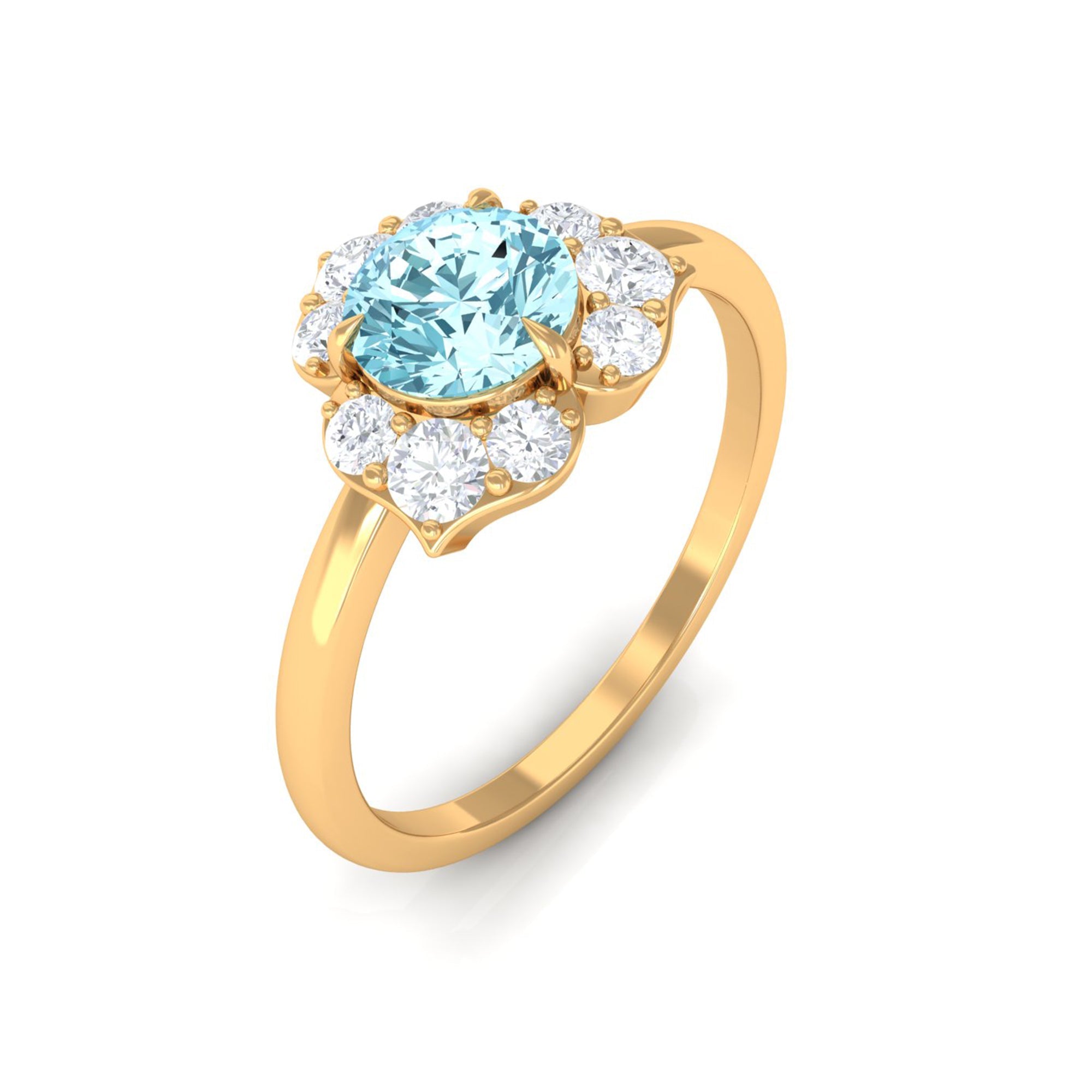 Real Round Aquamarine and Diamond Flower Engagement Ring with Certificate