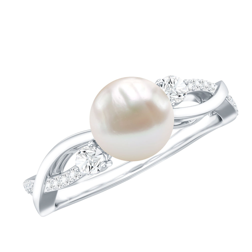 Genuine 7.4 Carat Freshwater Pearl Engagement Ring with Diamond Crossover Shank