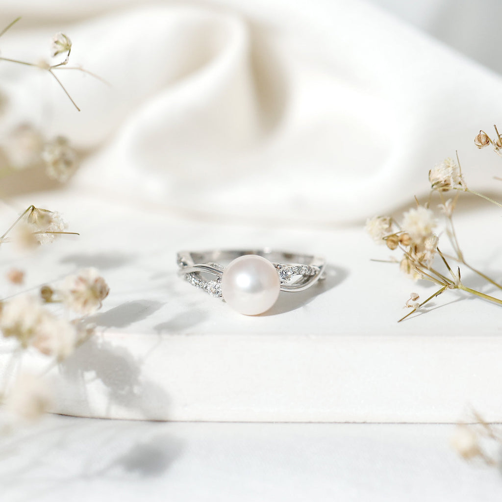 Genuine 7.4 Carat Freshwater Pearl Engagement Ring with Diamond Crossover Shank