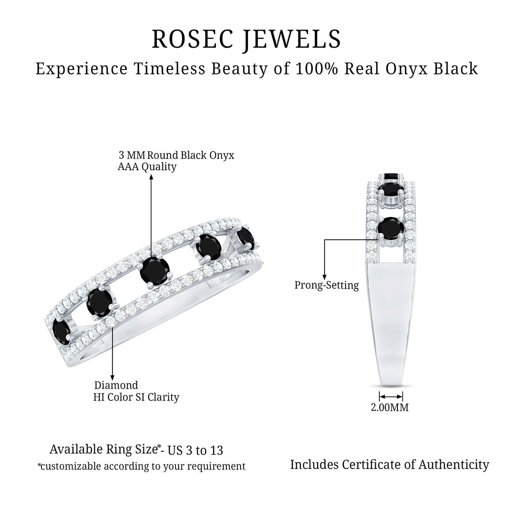 Round Cut Black Onyx and Diamond Half Eternity Band Ring