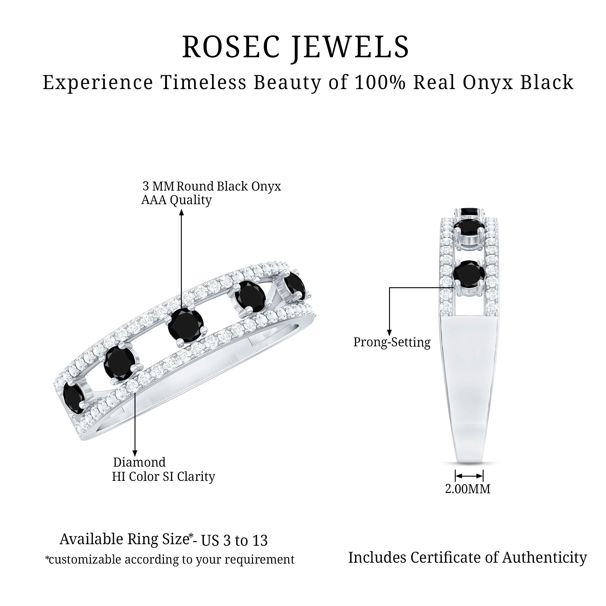 Round Cut Black Onyx and Diamond Half Eternity Band Ring