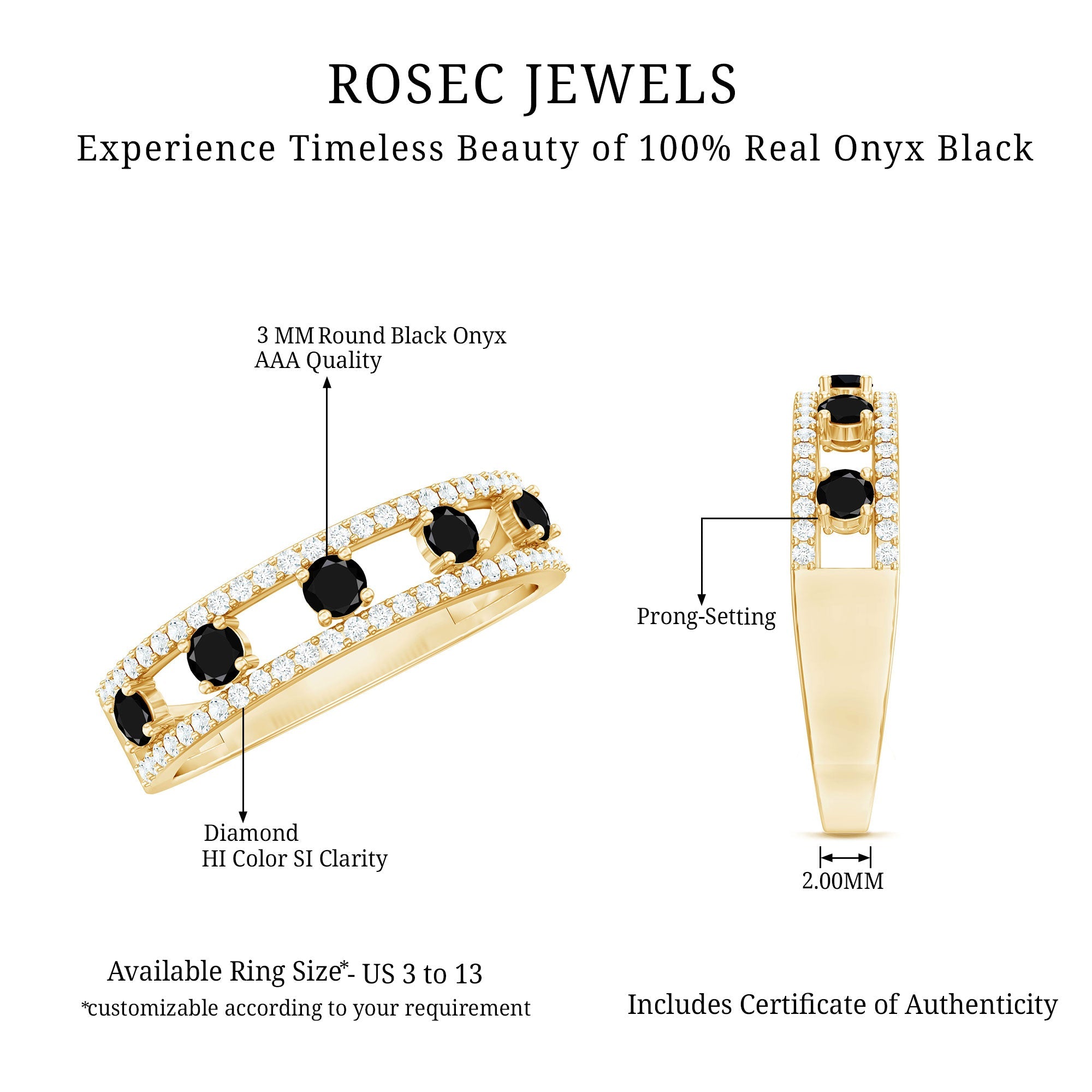 Round Cut Black Onyx and Diamond Half Eternity Band Ring