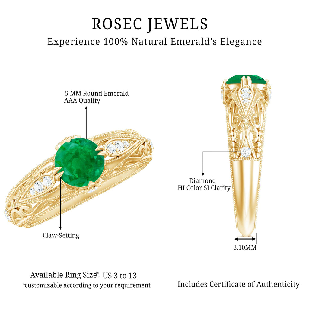 Natural Emerald Diamond Antique Looking Engagement Ring