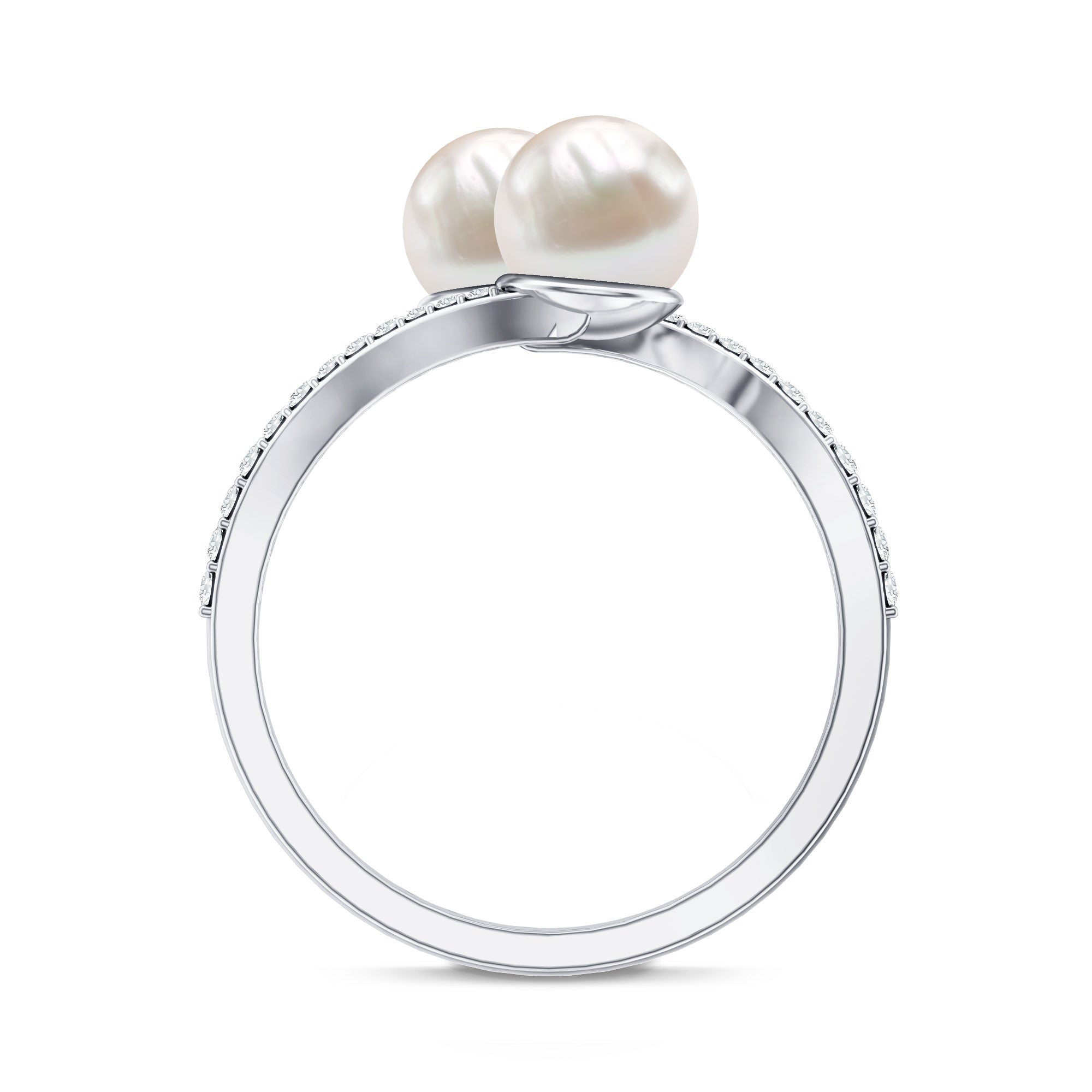 Natural Freshwater Pearl 2 Stone Engagement Ring with Diamond