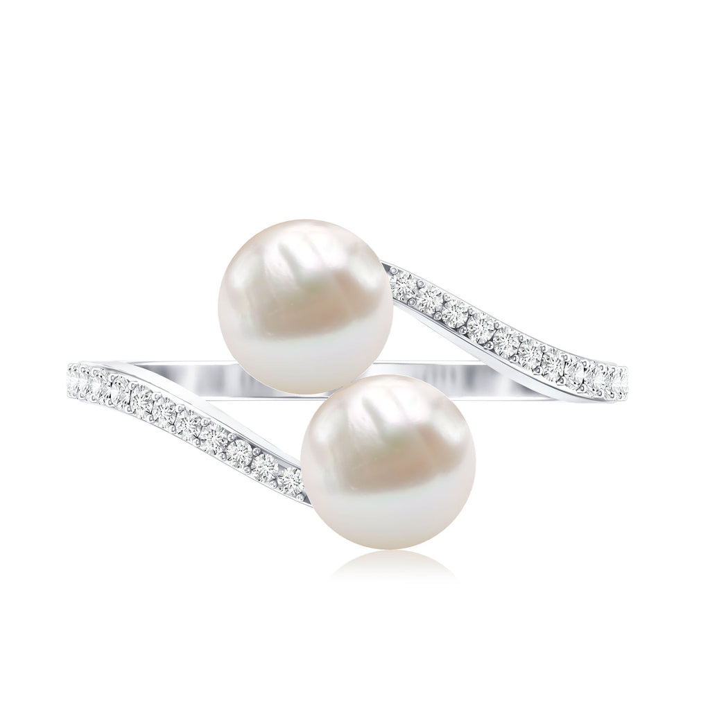 Natural Freshwater Pearl 2 Stone Engagement Ring with Diamond
