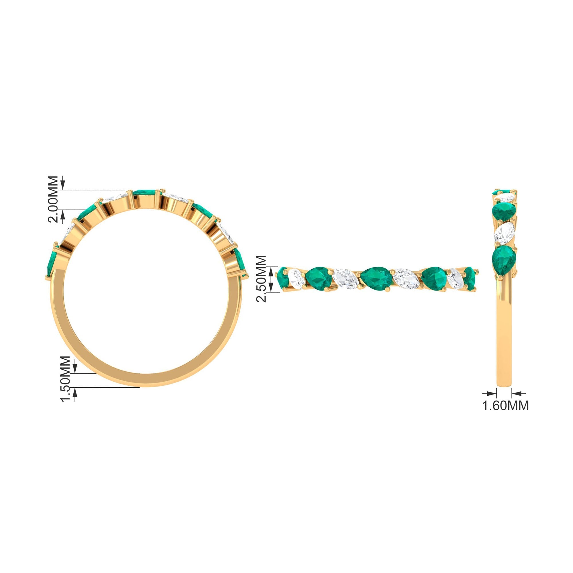 Natural Pear Shape Emerald Half Eternity Ring in East West Style