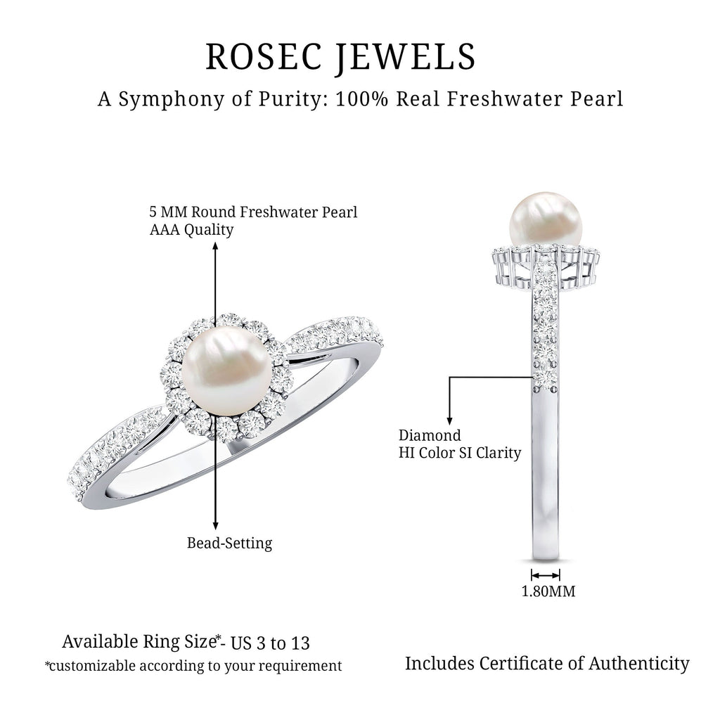 Cultured Freshwater Pearl 2 Carat Engagement Ring with Diamond Halo