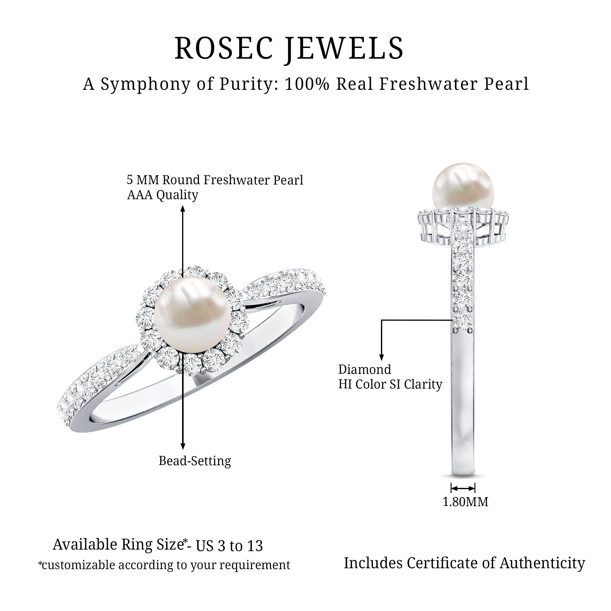 Cultured Freshwater Pearl 2 Carat Engagement Ring with Diamond Halo