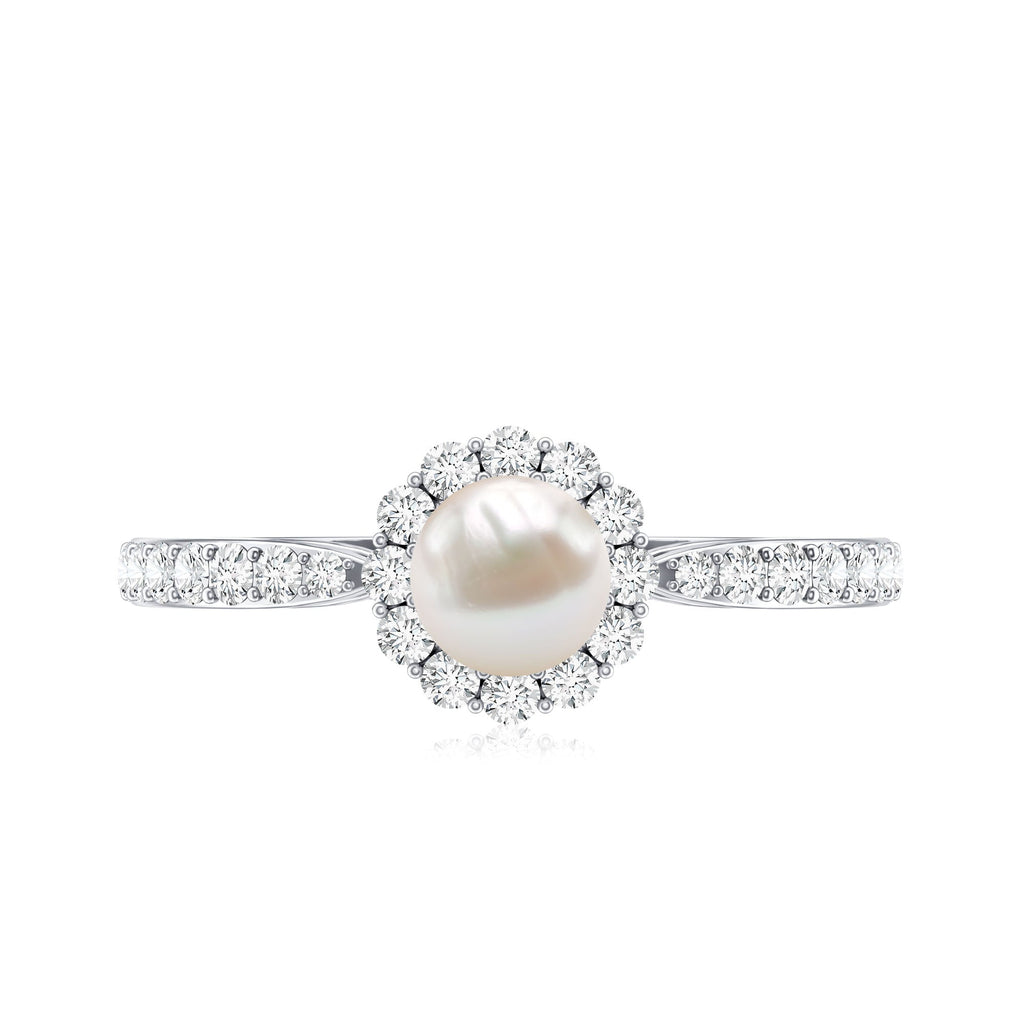 Cultured Freshwater Pearl 2 Carat Engagement Ring with Diamond Halo