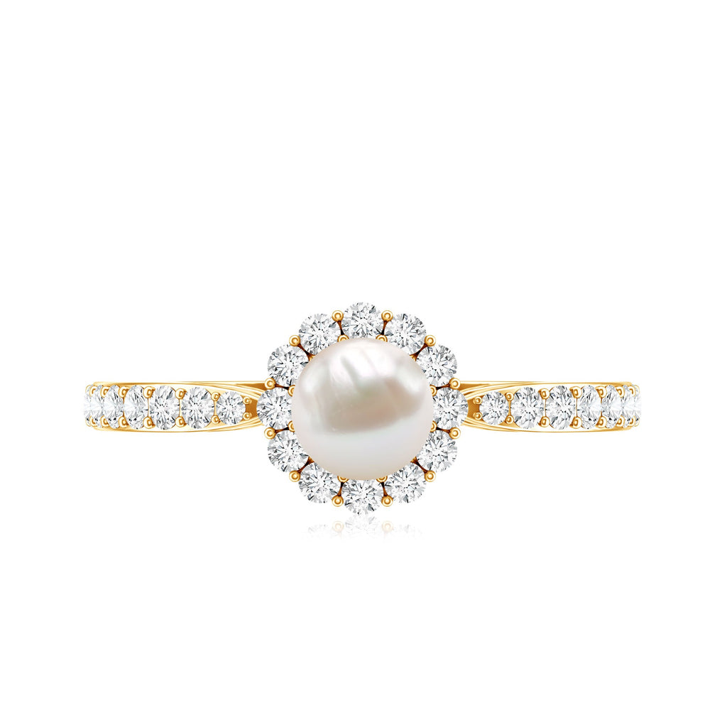 Cultured Freshwater Pearl 2 Carat Engagement Ring with Diamond Halo