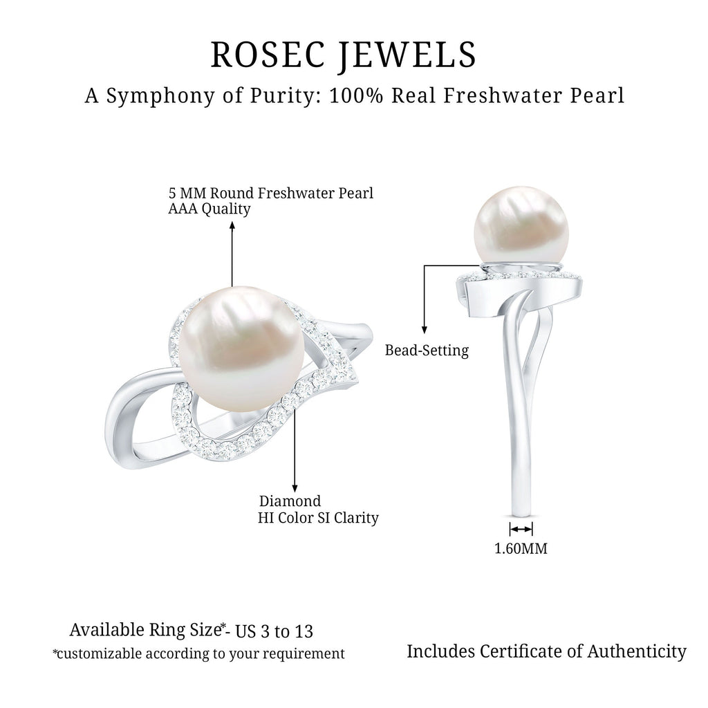Cultured Freshwater Pearl Promise Ring with Diamond Leaf