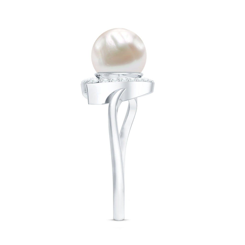 Cultured Freshwater Pearl Promise Ring with Diamond Leaf