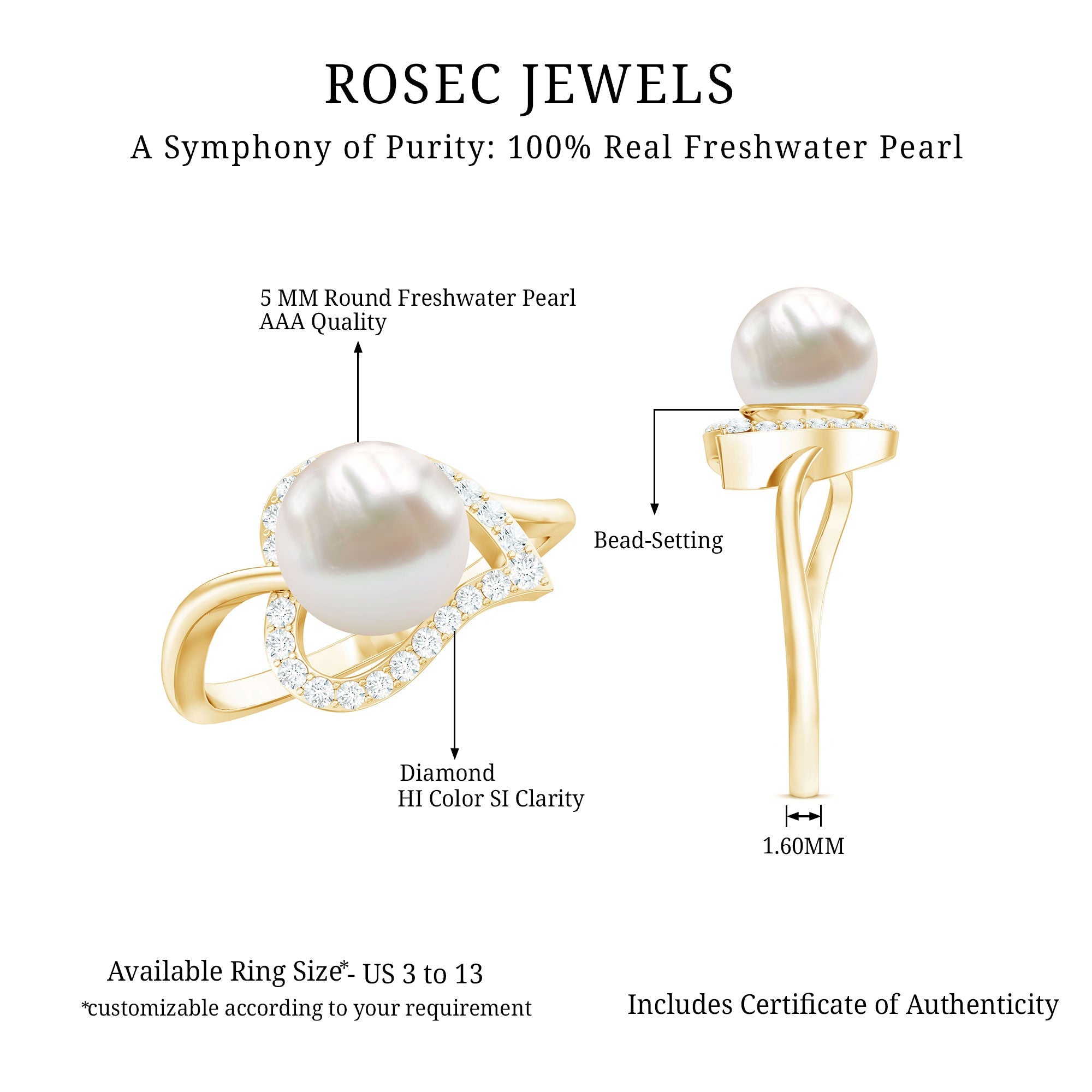 Cultured Freshwater Pearl Promise Ring with Diamond Leaf