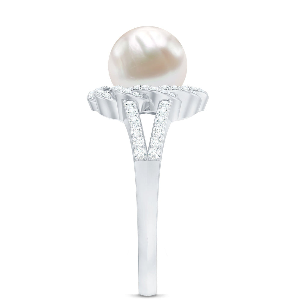 Split Shank Freshwater Pearl and Diamond Braided Statement Ring