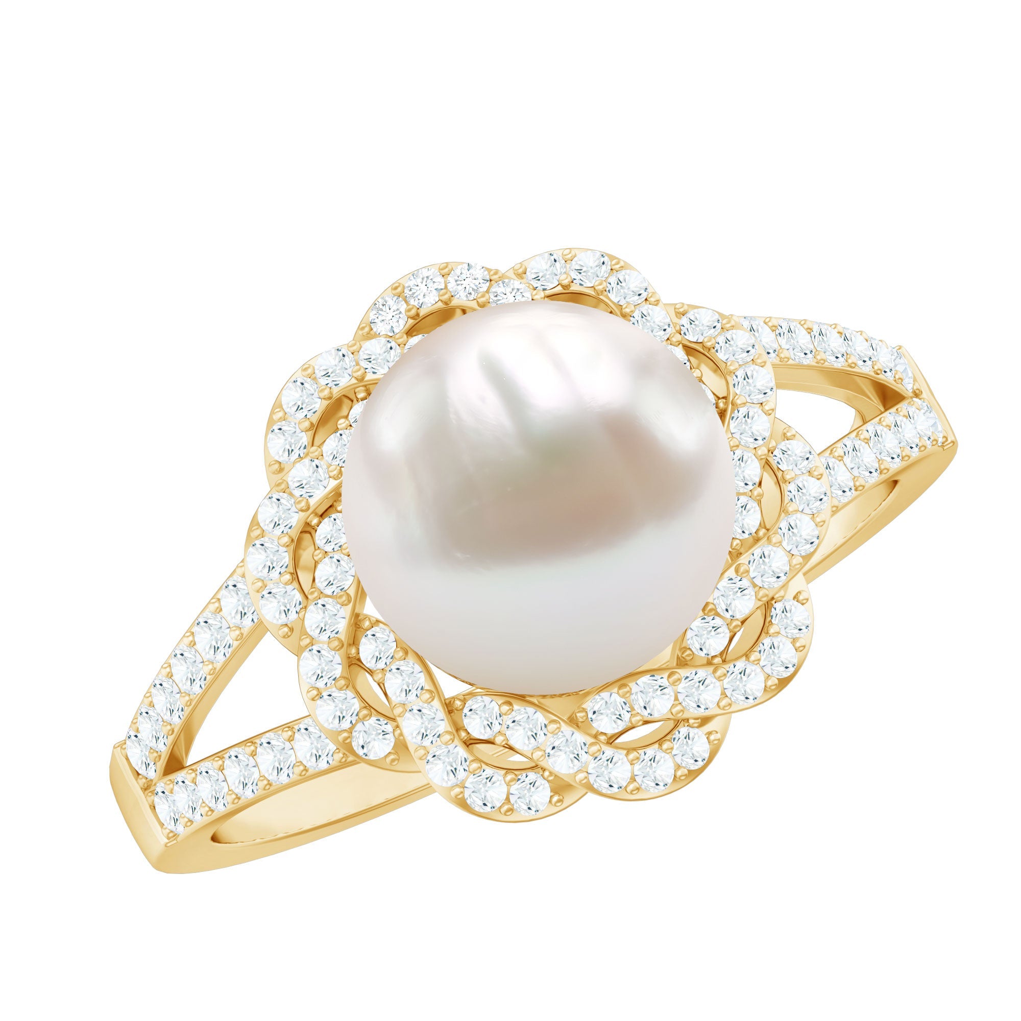 Split Shank Freshwater Pearl and Diamond Braided Statement Ring | Rings | Wiccan Center
