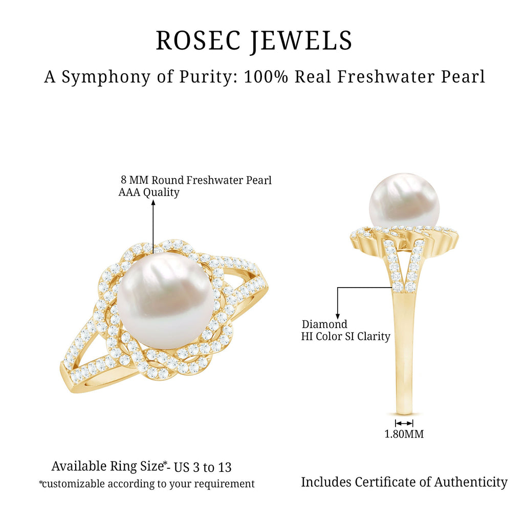 Split Shank Freshwater Pearl and Diamond Braided Statement Ring