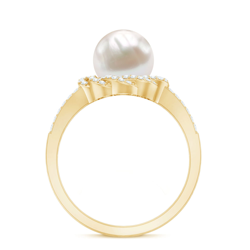 Split Shank Freshwater Pearl and Diamond Braided Statement Ring