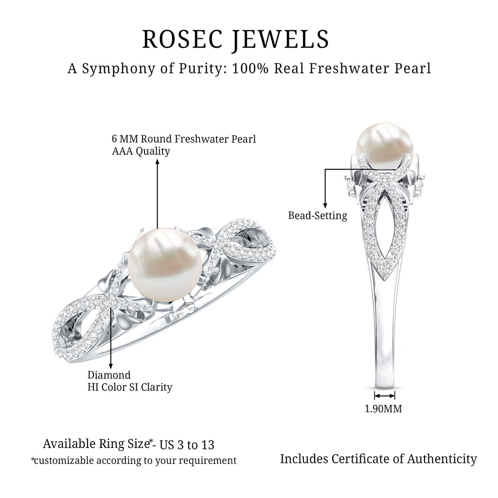 Cultured 2.2 Carat Freshwater Pearl Solitaire Engagement Ring with Diamond Crossover Shank
