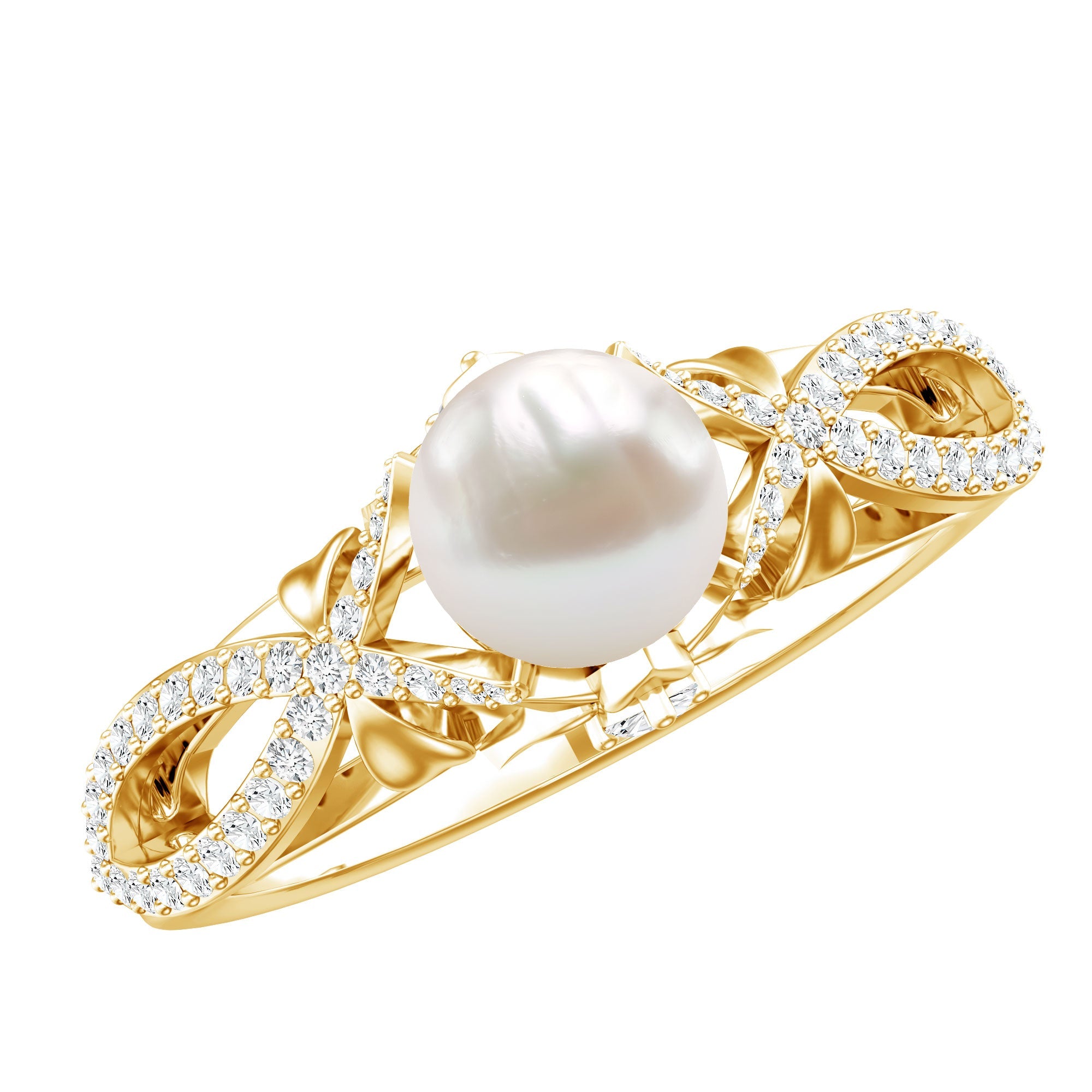 Cultured 2.2 Carat Freshwater Pearl Solitaire Engagement Ring with Diamond Crossover Shank | Rings | Wiccan Center