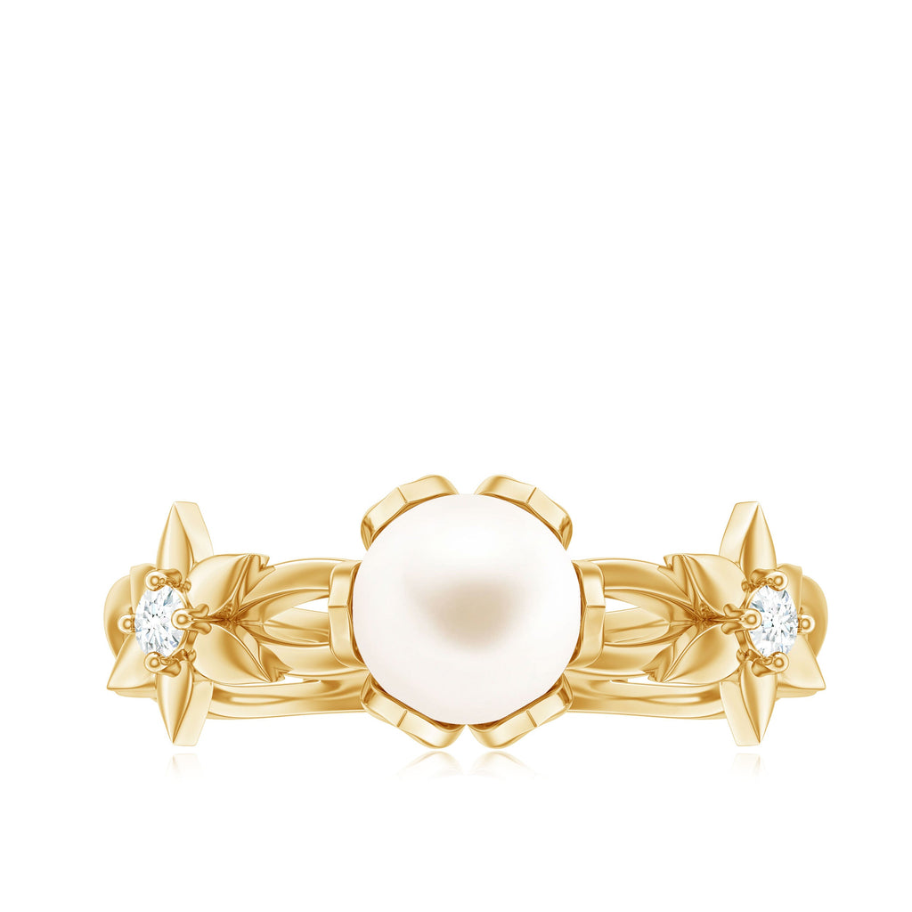 2.2 Carat Freshwater Pearl and Diamond Flower Engagement Ring