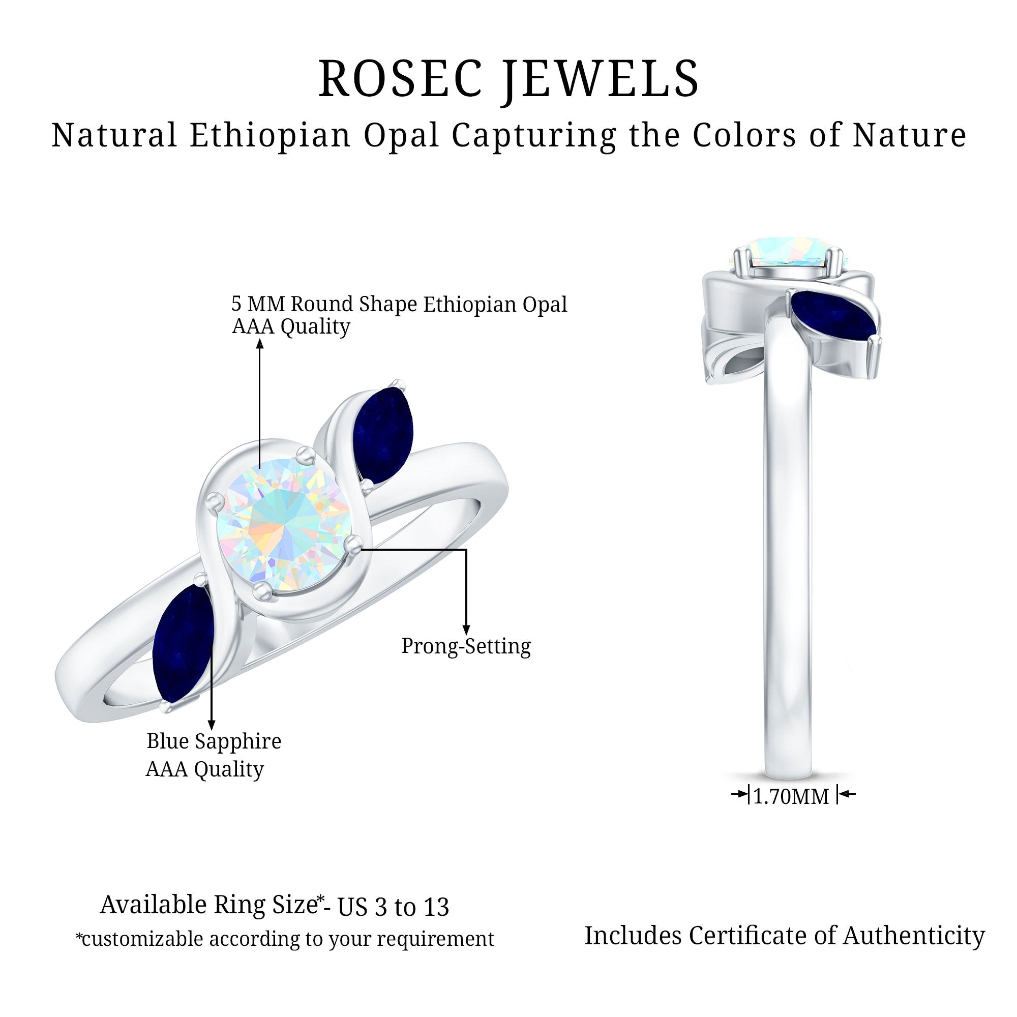 Natural Ethiopian Rainbow Opal Promise Ring with Blue Sapphire