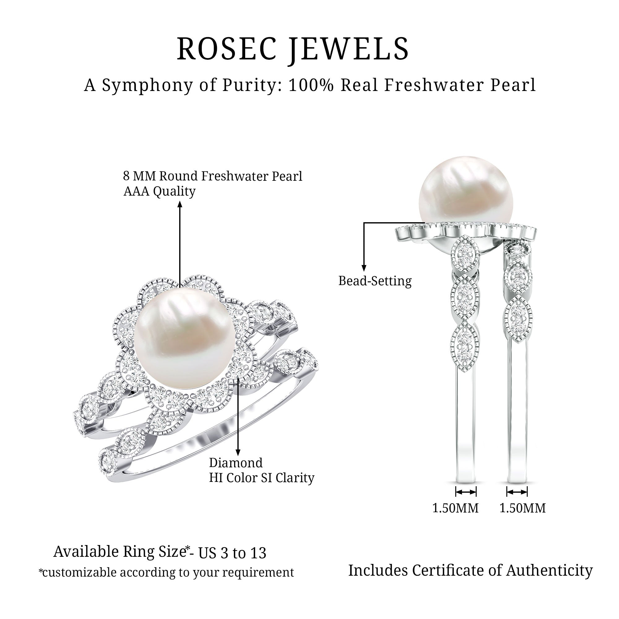 Freshwater Pearl and Diamond Wedding Ring Set