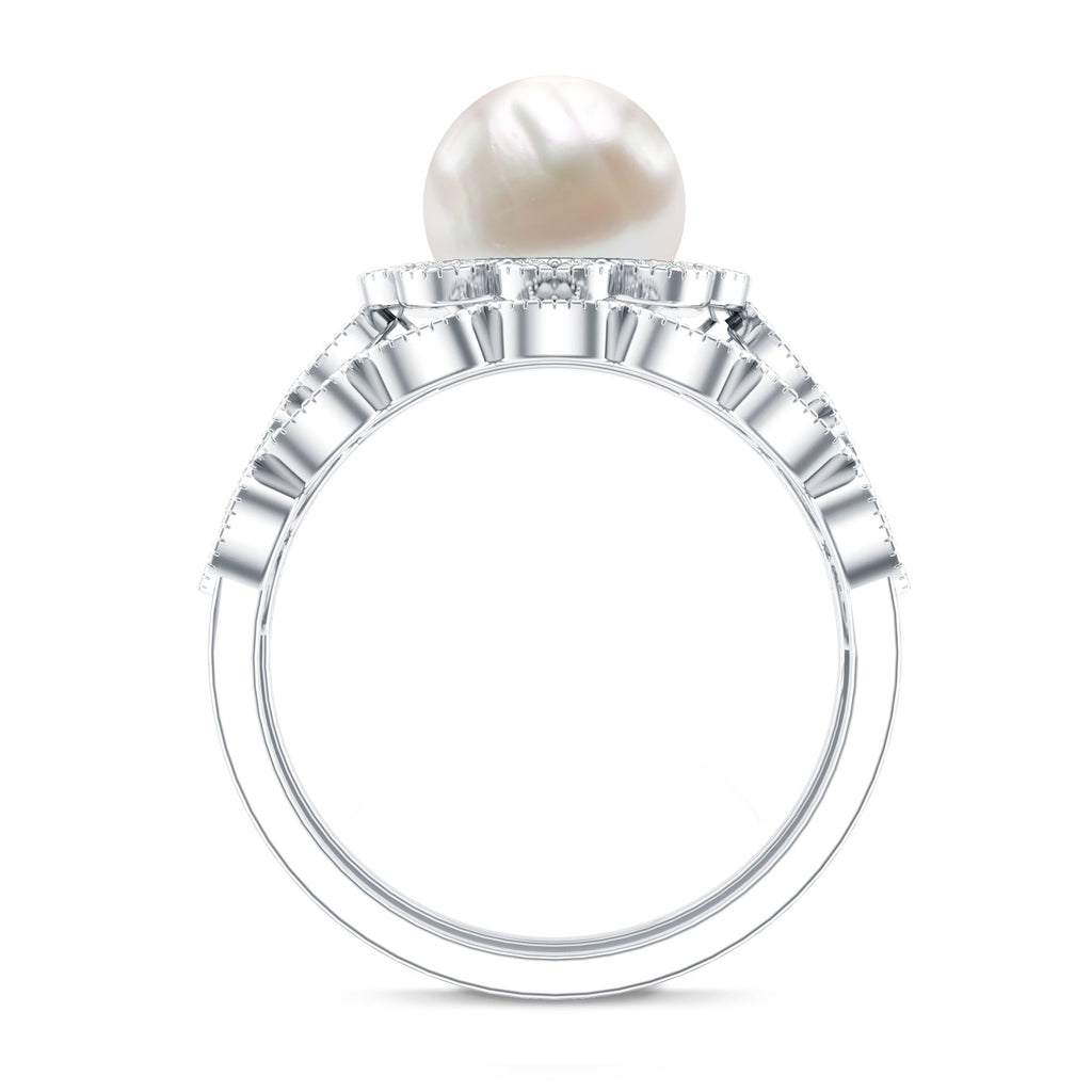 Freshwater Pearl and Diamond Wedding Ring Set